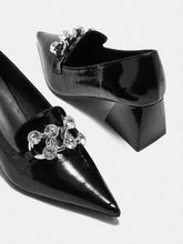 2024 New Black Pointy Toe Mid Heel Slip-On Shoes For Women, Retro & Versatile,